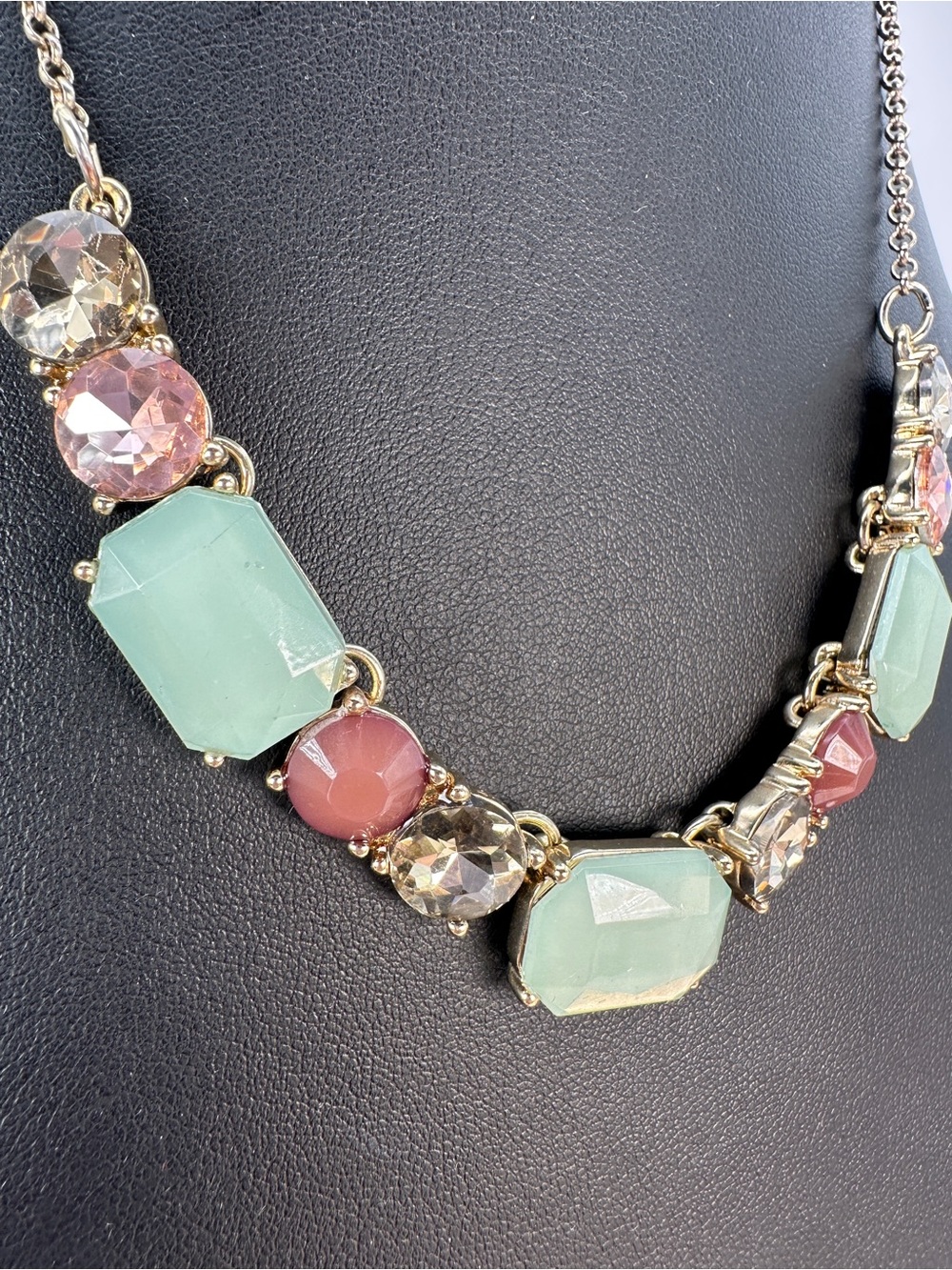 Vintage Crown Trifari Gemstone Necklace  Green Pink Champagne Accents 80s 90s